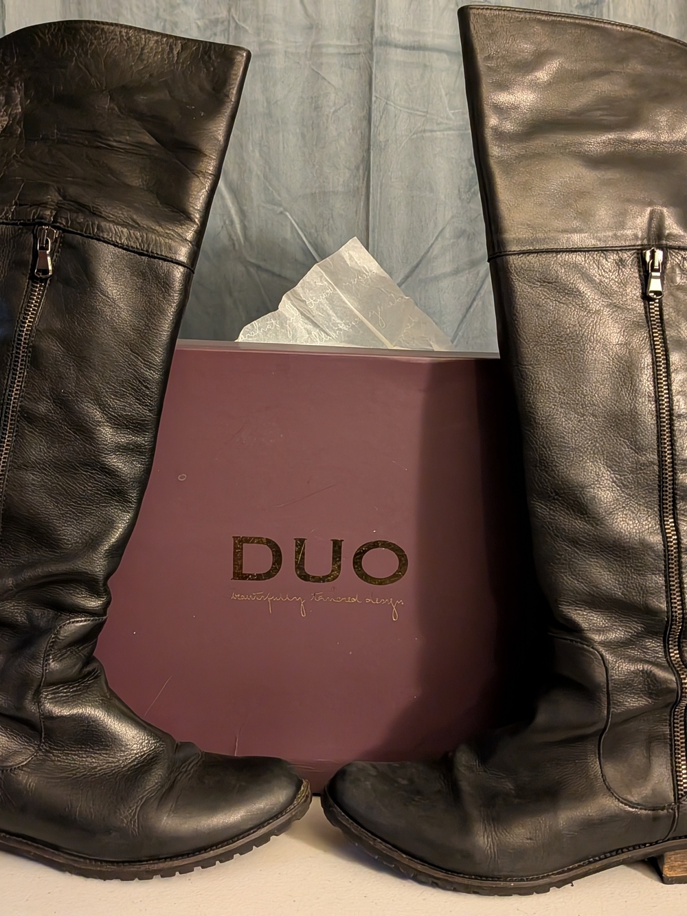 English DUO Brand Black Leather Over Knee Zip Boots Wide Calf 44cm/17.3 Inches